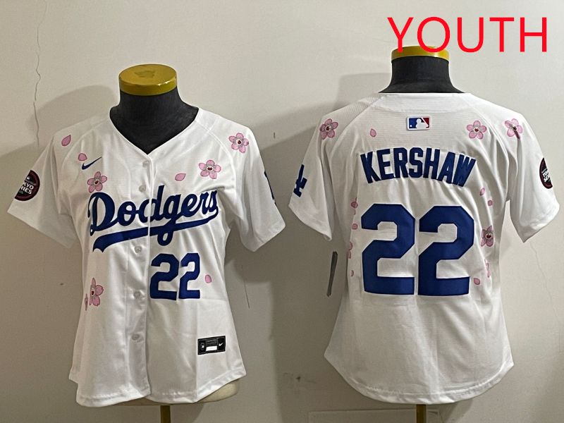 Youth Los Angeles Dodgers #22 Kershaw White Sakura Edition 2025 Nike MLB Jersey style 3